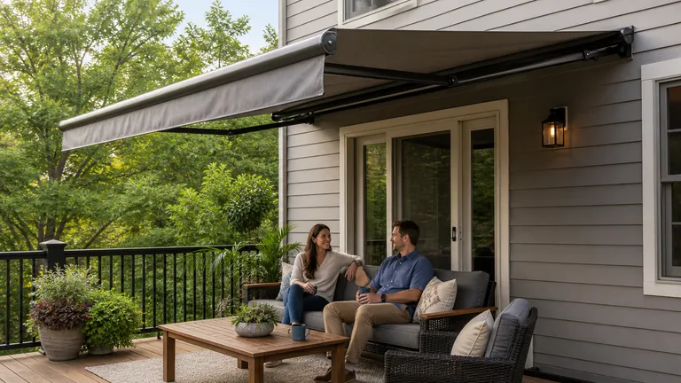 Outdoor patio seating below a wall-mounted awning beside a house