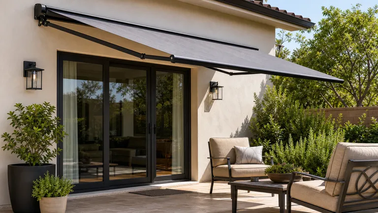 striped exterior awning above a dark door and planted wall
