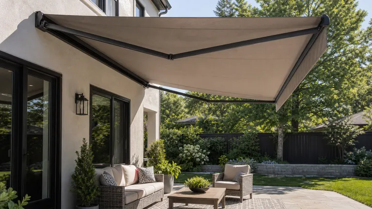 wall-mounted awning extended over patio seating beside a house