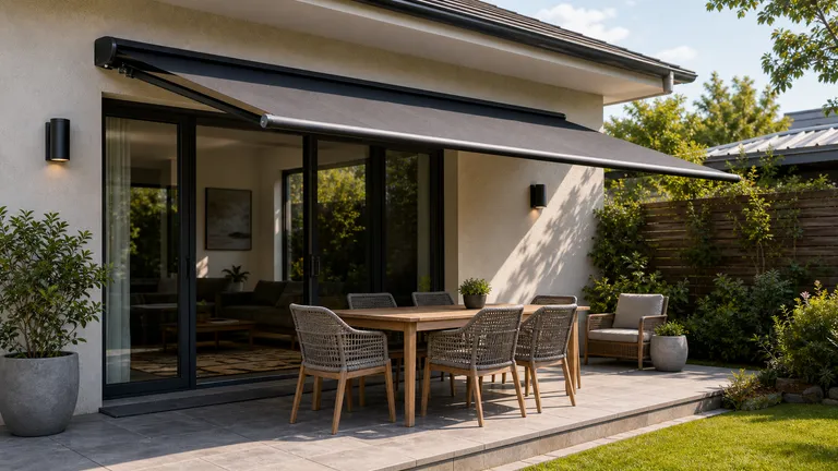 patio door and seating area where awning width and projection need measuring