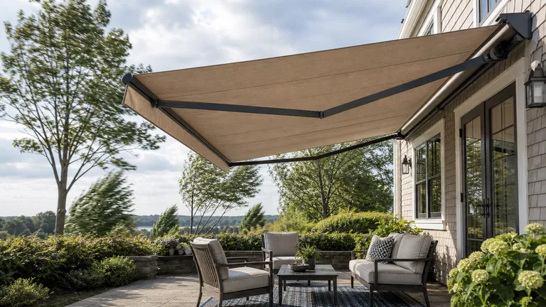 Large exterior patio awning shading outdoor seating beside a house.