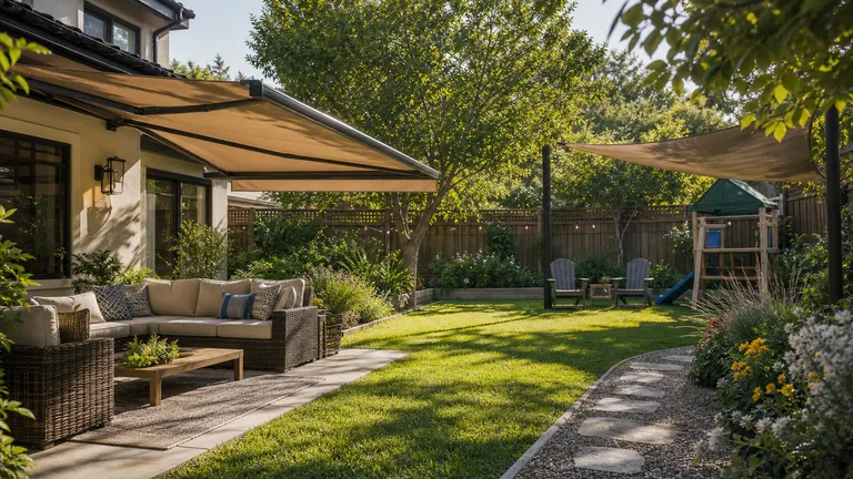 Backyard seating and lawn area that could be split into separate shade zones