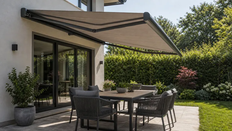 retractable patio awning shading an outdoor seating area