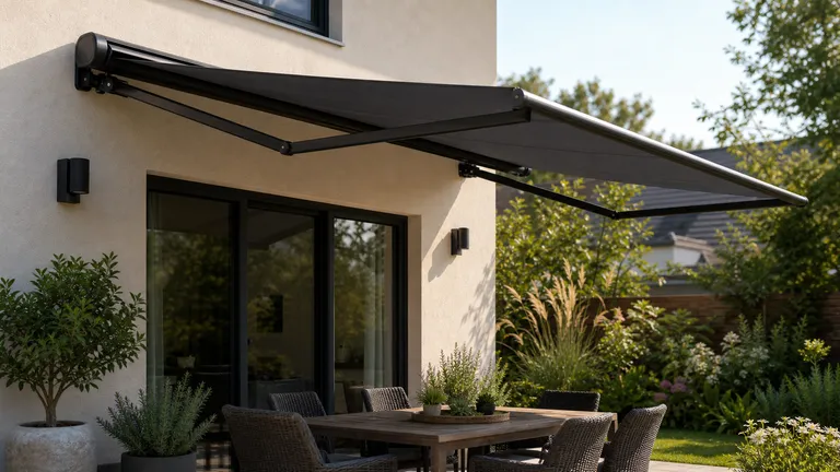 patio wall and outdoor seating area where retractable awning clearance must be checked