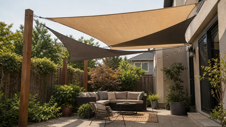 Courtyard seating shaded by fabric shade sails attached above the patio.