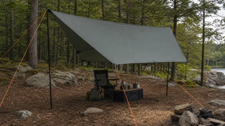 Camping tarp pitched with poles and lines in a wooded campsite.