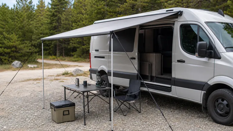 Vehicle awning deployed beside a campervan with camp table and chair.