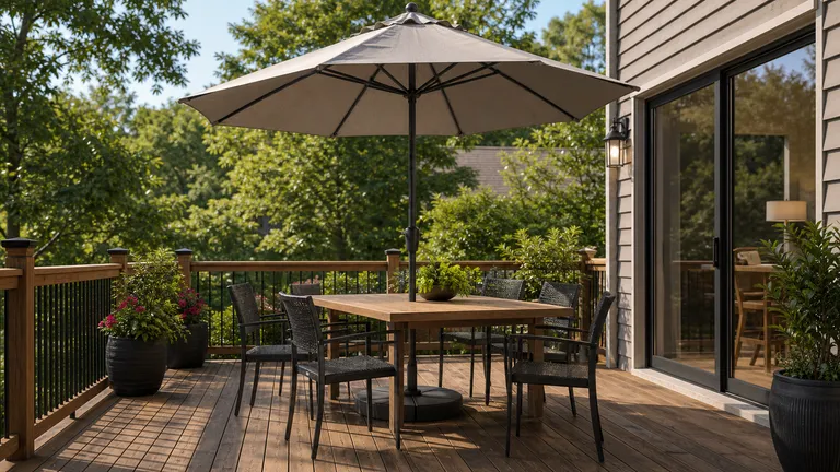 Wood deck dining table shaded by a patio umbrella with movable chairs around the base