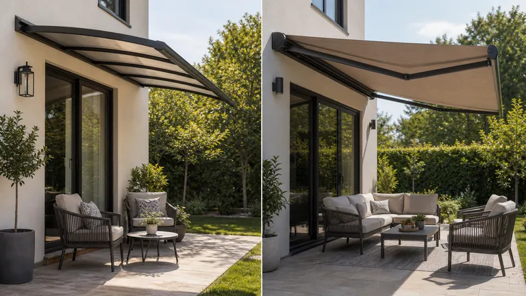 wall-mounted patio awning showing projection from house wall to outdoor seating