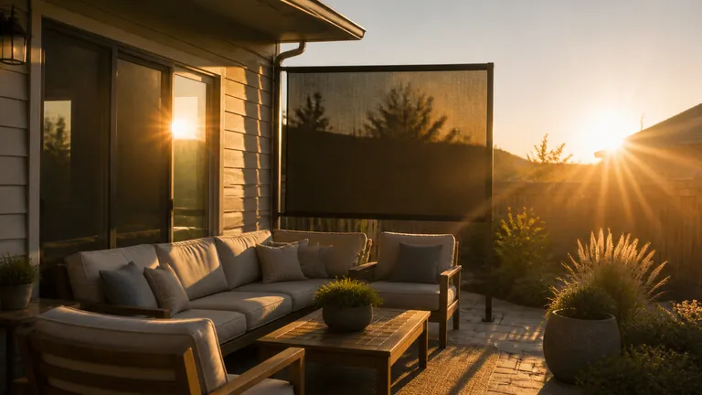 Low afternoon sun reaching a patio seating area from the side.