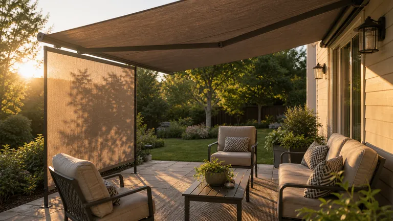 Vertical patio screen used to block low side sun.