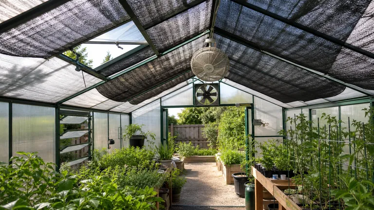 circulation and exhaust fans inside a shaded greenhouse roof structure