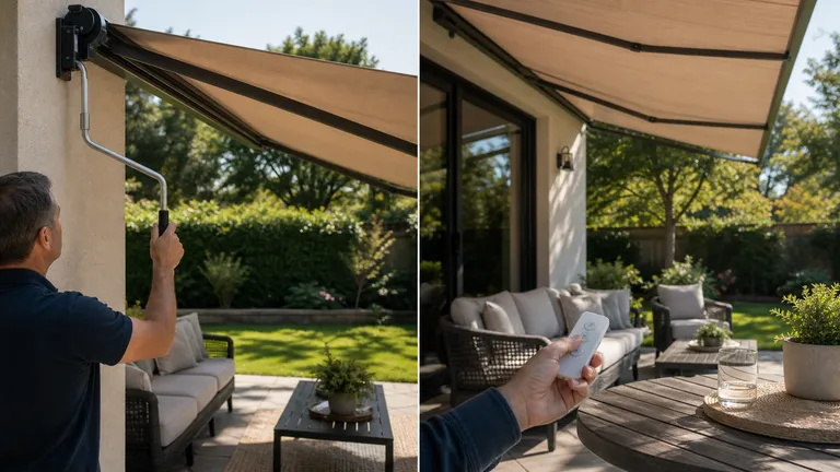 extended patio awning projecting from a house wall over outdoor lounge furniture