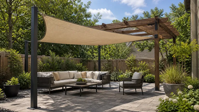 outdoor shade fabric, posts and patio structure