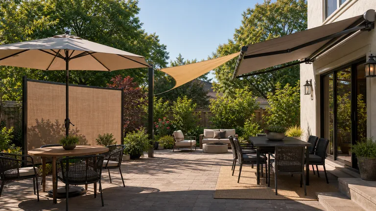 Patio shade categories chosen by sun direction, space and permanence.