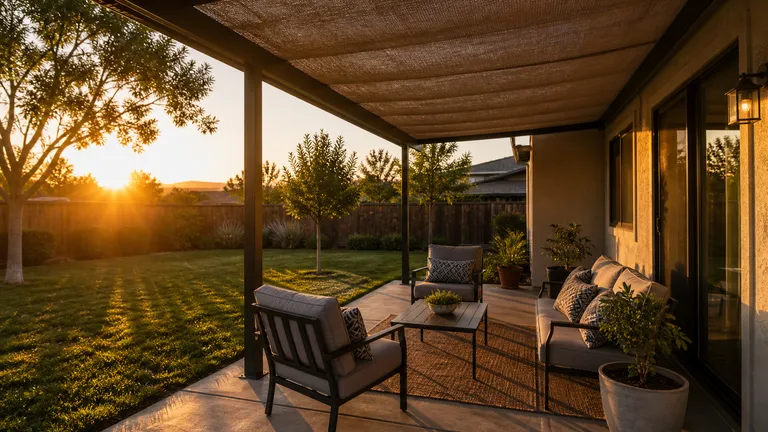 Patio beside a house where late sunlight reaches in from the side.