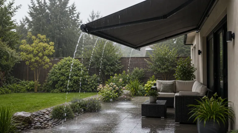 Rainwater falling from a roof edge onto wet ground.