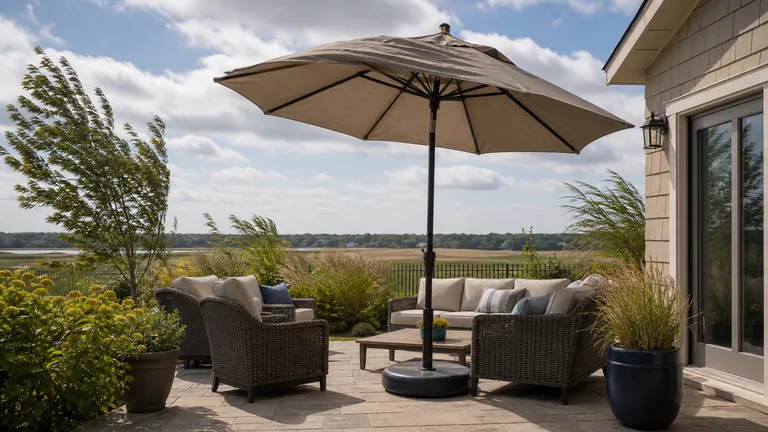 Patio seating with an umbrella and open outdoor space nearby.