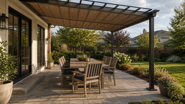 Patio dining area with chairs and walking clearance under outdoor shade.