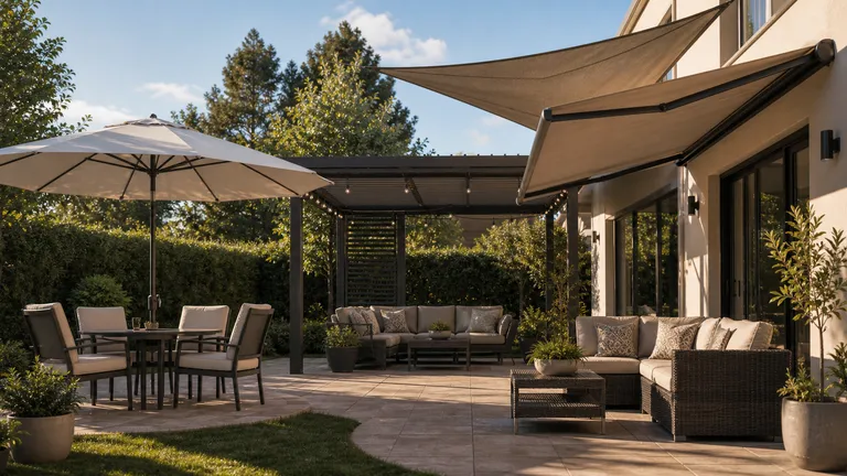 Patio seating with overhead shade near a house wall.