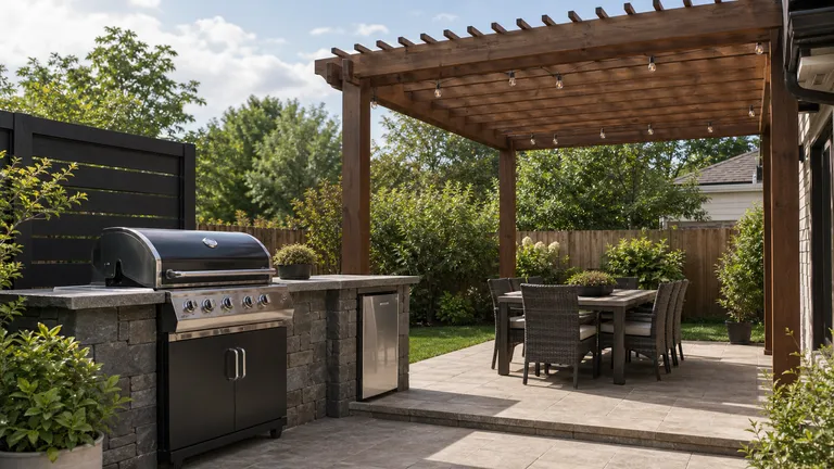 outdoor grill near an open pergola dining area