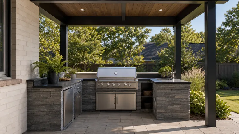 covered outdoor cooking area with roof and side clearance to check