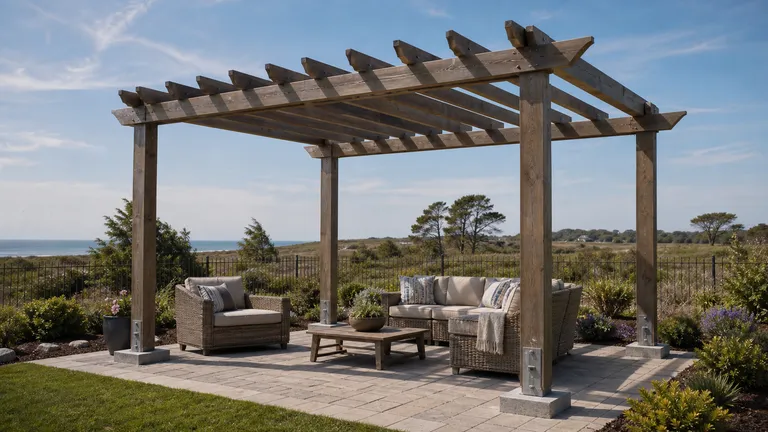 pergola frame with posts and open roof slats in an exposed yard