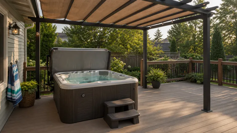 hot tub on an outdoor deck with open space around the tub