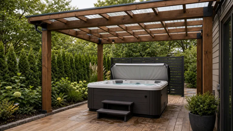 hot tub on a garden deck where roof runoff and service access would need planning