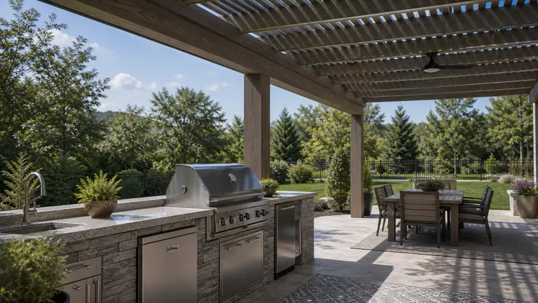 outdoor grill area beside an open patio structure with dining nearby