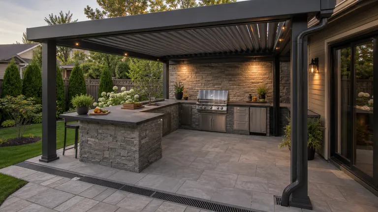 covered outdoor kitchen patio where roof drainage and post support need planning
