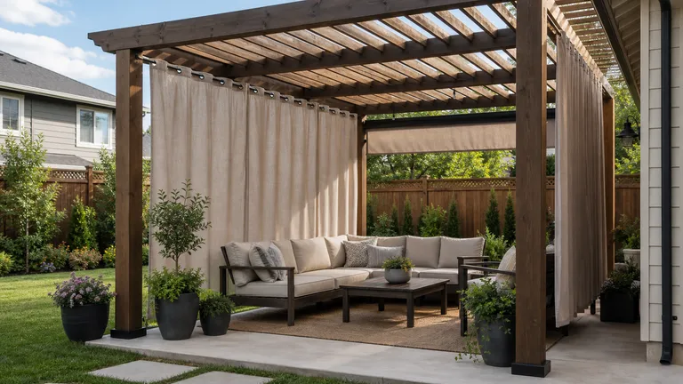 Outdoor pergola with side screening around a patio seating area