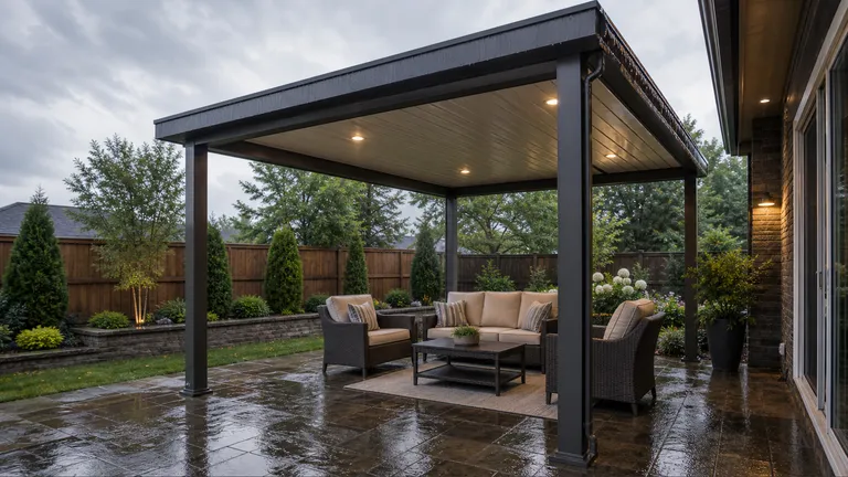 covered patio structure with roof over outdoor seating