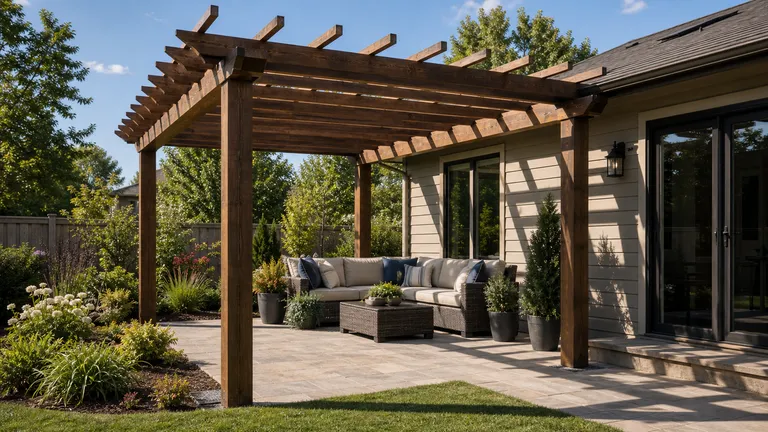 pergola frame beside a house with posts and overhead beams visible