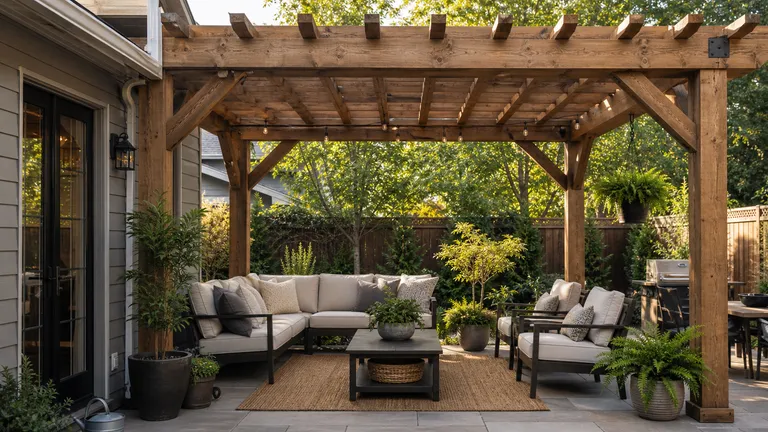 outdoor living patio with pergola-style overhead structure and seating