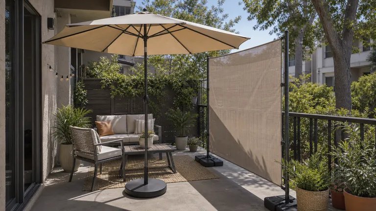 Removable patio shade setup on a rental patio.
