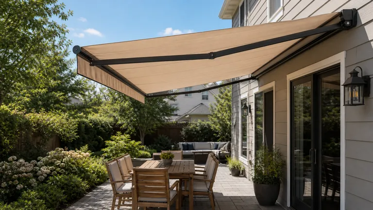 Awning projecting from a house wall over patio seating
