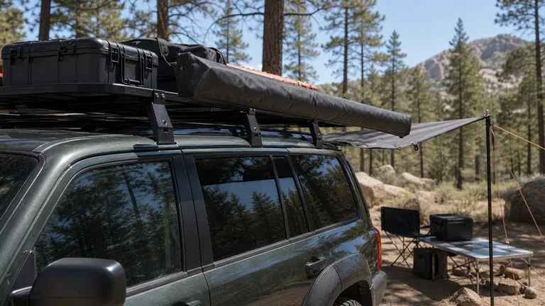 Overland vehicle parked at a camp stop with roof gear visible.