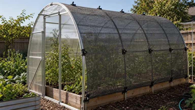 Shade cloth attached to a greenhouse frame with clips.