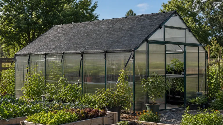 Shade cloth installed over the outside of a greenhouse roof.