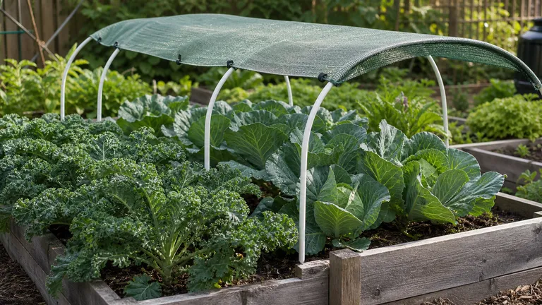 Kale and cabbage plants growing in raised beds