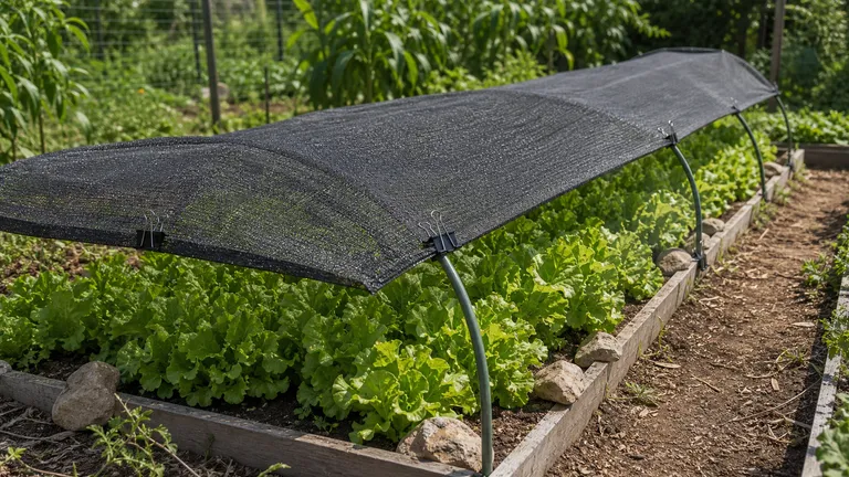 Shade cloth held above lettuce on low garden hoops.