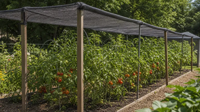 Tomato plants protected by shade cloth above the row.