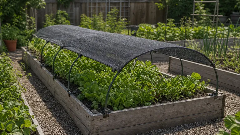 Shade cloth over a raised vegetable bed on hoops.