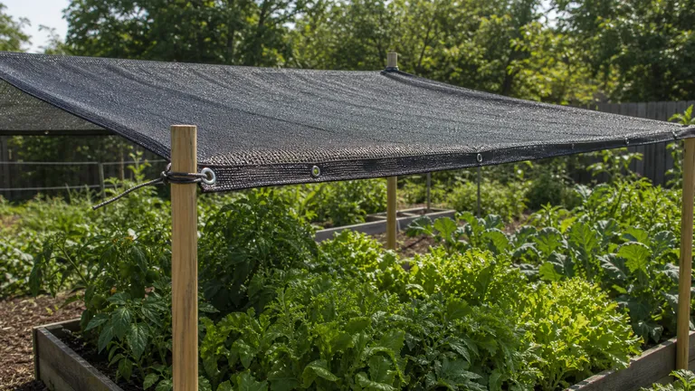 Close view of shade mesh texture stretched over garden plants.