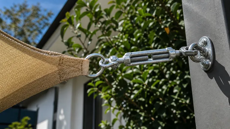 Close-up of metal turnbuckles used for tensioning shade sail corner hardware.