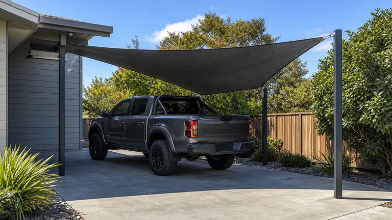 Truck parked under a shaded carport bay with vehicle clearance around it.