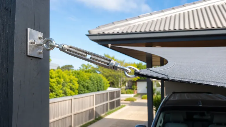 Close-up of metal turnbuckles used to tension shade sail hardware.