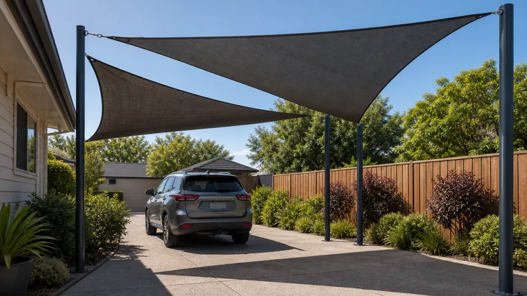 Shade sails tensioned between posts above a paved open area similar to a driveway.