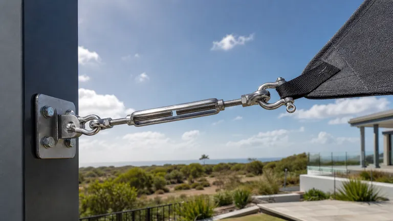 Metal turnbuckles used to tension outdoor shade sail hardware.